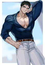  1boy arm_behind_head arm_up bara black_hair blue_eyes bursting_pectorals cowboy_shot domo_(domo_kizusuki) eyelashes hand_in_pocket highres kokado_shido_(domo) large_pectorals male_focus muscular muscular_male original pectoral_cleavage pectorals shirt short_hair sideburns solo thick_eyebrows tight_clothes tight_shirt veins veiny_arms 