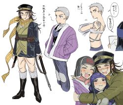  3girls arisaka arm_tattoo asirpa back_tattoo black_hair bolt_action boots brown_hair genderswap_(mtf) golden_kamuy grey_hair gun hat highres long_hair medium_hair military_hat military_uniform multiple_girls multiple_scars rifle rule_63 sarashi scar shiraishi_yoshitake short_hair shoulder_tattoo simple_background sugimoto_saichi tattoo translation_request uniform weapon white_background yumei_(jigoku101) 