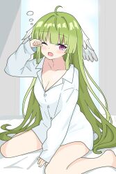  absurdres anime_coloring arknights arm_between_legs arm_up blunt_bangs blush buttons collared_shirt commentary_request eggplant7217 female full_body green_hair highres long_hair long_sleeves looking_at_viewer oerba_yun_fang one_eye_closed open_collar open_mouth poncirus_(arknights) purple_eyes shirt sitting skin_fang sleepy solo split_mouth squeans tearing_up waking_up wariza white_shirt yawning 