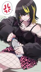  absurdres anger_vein animal_print aruke_(gter7727) black_choker black_hair black_jacket black_nails black_shirt blonde_hair bottle bra_strap breasts choker clenched_teeth cropped_shirt ear_piercing female fishnet_pantyhose fishnets highres holding holding_bottle idolmaster idolmaster_shiny_colors ikaruga_luca jacket jewelry layered_skirt leopard_print looking_at_viewer miniskirt multicolored_hair nail_polish navel navel_piercing necklace off_shoulder opening_bottle pantyhose piercing pink_skirt plastic_bottle purple_skirt shirt sitting skirt solo spoken_anger_vein sweatdrop teeth trembling twitter_username two-tone_hair yellow_eyes 