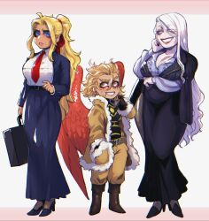  3girls all_for_one all_might blackberrehart blonde_female blonde_hair blonde_hair blonde_hair_female blue_eyes business_suit cleavage clothed clothed_female female_only genderswap_(mtf) hawks_(my_hero_academia) keigo_takami long_hair multiple_females multiple_girls my_hero_academia older older_female older_female_younger_female rule_63 rule_63 rule_63 short_hair suit suit_and_tie tie toshinori_yagi white_hair wings 