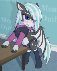  bat_pony bat_wings belly black_clothing blue_carpet blue_eyes blue_highlights blue_wall carpet clothing crop_top cropped_hoodie cutie_mark ear_tuft equid equine eyebrows fan_character female feral footwear fur furniture grey_body grey_carpet grey_fur hair hasbro hi_res highlights_(coloring) hoodie hooves horse inner_ear_fluff leg_markings legwear long_sleeve_shirt mammal mane markings membrane_(anatomy) membranous_wings meme meme_clothing midriff my_little_pony navel on_table paggi_outfit panties pink_clothing pony pupils shirt slit_pupils socks socks_(marking) solo sufficient_(artist) table thick_eyebrows thigh_highs topwear tuft underwear white_belly white_hair white_mane white_markings white_snout wings 