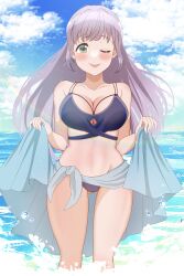  ;p absurdres ass_visible_through_thighs beach bikini blue_bikini blue_sarong blue_sky blush breasts cleavage cloud collarbone commentary feet_out_of_frame female green_eyes hair_down highres large_breasts link!_like!_love_live! long_hair looking_at_viewer love_live! multi-strapped_bikini_top noanekosan ocean official_alternate_costume official_alternate_hairstyle one_eye_closed otomune_kozue purple_hair sarong sarong_hold sidelocks sky smile solo standing swimsuit tongue tongue_out virtual_youtuber wading 