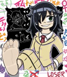  absurdres bags_under_eyes barefoot black_hair dress feet female foot_focus green_hair highres kuroki_tomoko mintytoid school_uniform soles solo watashi_ga_motenai_no_wa_dou_kangaetemo_omaera_ga_warui! 