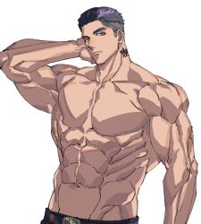  1boy abs bara black_hair blue_eyes bucchigiri?! cowboy_shot domo_(domo_kizusuki) expressionless hair_slicked_back highres large_pectorals looking_to_the_side male_focus multicolored_hair muscular muscular_male navel neck_tattoo outa_tahide pectorals purple_hair short_hair shredded_muscles simple_background solo streaked_hair tattoo thick_eyebrows topless_male undercut white_background 