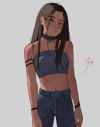  absurdres avatar:_the_last_airbender avatar_legends black_hairband casual choker contemporary female hairband highres katara long_hair looking_at_viewer palmors strapless toon_(style) tube_top 