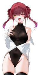  :d absurdres bare_shoulders blush breasts covered_navel fangs female groin heterochromia highres hololive houshou_marine leotard looking_at_viewer medium_breasts off_shoulder open_mouth purple_hair red_eyes simple_background smile solo tongue tongue_out twintails virtual_youtuber white_background yellow_eyes yukineko1018 