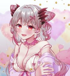  :3 arm_under_breasts blush bra breasts cleavage commentary_request cone_hair_bun creature double_bun earbuds earphones female fingernails frilled_bra frills grey_hair hair_bun hair_intakes hair_ribbon heart highres honey_strap jacket large_breasts long_hair looking_at_viewer medium_bangs nanashi_inc. off_shoulder open_mouth pink_hair pink_jacket pink_ribbon pointy_ears ribbon smile solo star_(symbol) suou_patra tt_chicca underwear upper_body virtual_youtuber white_bra 