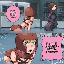  2girls ass blonde_hair blue_eyes brown_hair cosplay crossover gwenpool juggernaut_(x-men) kitty_pryde marvel meme multiple_girls short_hair smile talt_lo x-men 