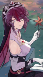  absurdres book book_on_lap box breasts cowboy_shot falling_petals female flower from_above from_side genshin_impact hand_on_book highres holding holding_flower looking_to_the_side medium_breasts on_box open_book outdoors parted_lips petals pointy_breasts rosaria_(genshin_impact) solo veil venom309 wind windwheel_aster_(genshin_impact) 