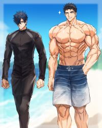  2boys abs bara beach black_hair blue_eyes blue_sky burn_scar cowboy_shot day domo_(domo_kizusuki) eye_contact grey_eyes hair_over_one_eye hand_in_pocket highres kokado_shido_(domo) kokuryu_kai_(domo) large_pectorals looking_at_another male_focus male_swimwear multiple_boys muscular muscular_male navel nipples ocean one_eye_closed original outdoors pectorals scar scar_across_eye scar_on_face short_hair shredded_muscles sideburns sky smile sparkle spiked_hair swim_trunks thick_eyebrows topless_male veins veiny_arms water 