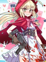  absurdres ahoge artoria_caster_(fate) artoria_pendragon_(fate) blonde_hair blood blood_on_clothes blush breasts brown_gloves capelet card cosplay dress ebora fate/grand_order fate_(series) female gloves green_eyes gun highres hood hooded_capelet little_red_riding_hood little_red_riding_hood_(grimm) little_red_riding_hood_(grimm)_(cosplay) long_hair looking_at_viewer playing_card red_capelet red_hood small_breasts smile solo thighs twintails weapon white_dress 