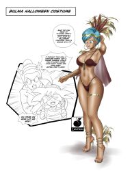 artist_logo bikini blue_eyes blue_hair bracelet breasts bulma_briefs cape chi-chi_(dragon_ball) confused dragon_ball earrings feathers female gold gold_bracelet gold_thighlet hair_bun high_heels highres hoop_earrings jewelry large_breasts linkartoon logo midriff navel open_mouth red_bikini revealing_clothes samba short_hair single_hair_bun son_gohan spiked_hair stiletto_heels strappy_heels swimsuit thighlet 