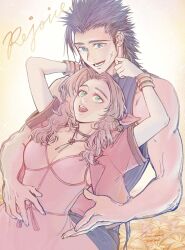  1boy aerith_gainsborough arms_up bangle bare_arms bare_shoulders black_hair blue_eyes blue_sweater bracelet breasts brown_hair choker cleavage commentary couple crisis_core_final_fantasy_vii cross_scar dress female final_fantasy final_fantasy_vii final_fantasy_vii_remake flower green_eyes hair_ribbon height_difference jacket jewelry linono long_hair looking_at_another open_clothes open_jacket open_mouth parted_bangs pink_dress pink_ribbon red_jacket ribbon scar scar_on_cheek scar_on_face short_sleeves sleeveless sleeveless_sweater sleeveless_turtleneck small_breasts spiked_hair sweater turtleneck turtleneck_sweater upper_body yellow_flower zack_fair 