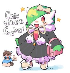  accessory blush bottomwear bow_ribbon clothing coat duo english_text female gaba_(melfunnysmell) gardevoir generation_3_pokemon hair hair_accessory hair_over_eye hairband hi_res human humanoid humanoid_pointy_ears male mammal melfunnysmell nintendo open_mouth open_smile pointy_ears pokemon pokemon_(species) purse simple_background skirt smile text topwear white_background 
