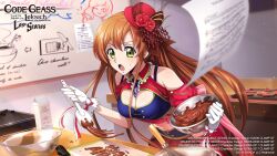  bare_shoulders blue_necktie blue_shirt blurry blurry_foreground blush bowl bowler_hat breasts chocolate cleavage cleavage_cutout clothing_cutout code_geass code_geass:_lost_stories cooking crop_top cutting_board doodle_inset english_text female flower gloves green_eyes hands_up hat hat_flower highres holding holding_bowl holding_spatula idol_clothes indoors kitchen kitchen_knife knife leaning_forward light_blush light_particles light_rays long_hair medium_breasts midriff milk_carton milly_ashford mini_hat mixing_bowl navel necktie official_art open_mouth orange_hair paper pleated_skirt red_flower red_hat red_rose red_skirt rose sheet_music shirley_fenette shirt short_necktie short_sleeves shrug_(clothing) sidelocks skirt sleeveless sleeveless_shirt solo spatula standing stove sweat tilted_headwear tray v-shaped_eyebrows very_long_hair whisk white_gloves whiteboard 