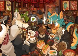  2025 absurd_res anthro artist_name black_nose brown_body brown_fur canid canine chopsticks closed_eyes clothed clothed_anthro clothing detailed_background digital_drawing_(artwork) digital_media_(artwork) dipstick_ears duo_focus ear_markings eating eating_food english_text food fur furniture grey_body grey_fur group hair hi_res inner_ear_fluff inside mammal mintcashew mouth_closed multicolored_body multicolored_ears multicolored_fur open_mouth pawpads sushi table tail tail_motion tailwag tan_body tan_fur text tuft two_tone_tail white_body white_fur 