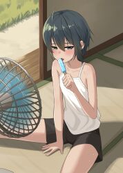  :&lt; absurdres ahoge akts625 androgynous bare_shoulders black_hair black_shorts blush camisole collarbone commentary day dripping eating electric_fan embarrassed fanning_self female flat_chest food from_above from_side grass hair_between_eyes half-closed_eyes highres holding holding_food holding_popsicle hot indoors kino_(kino_no_tabi) kino_no_tabi licking_food looking_at_viewer looking_to_the_side on_floor open_door popsicle romaji_commentary shadow short_hair short_shorts shorts shouji sitting sliding_doors solo sweat tatami tomboy tongue tongue_out veranda very_short_hair very_sweaty white_camisole 
