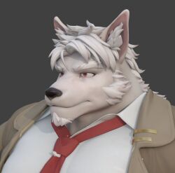  2025 3d_(artwork) anthro bae_wulf_(wolfiebare) black_nose brown_clothing brown_coat brown_topwear canid canine canis clothing coat digital_media_(artwork) facial_hair fur goatee grey_background hair male mammal muscular muscular_anthro muscular_male necktie portrait red_eyes red_necktie shirt sideburns simple_background solo topwear white_body white_clothing white_fur white_hair white_shirt white_topwear wolf wolfiebare 