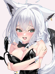  ahoge animal_ear_fluff animal_ear_piercing animal_ears averting_eyes blush bow bowtie braid breasts cleavage commentary_request cuffs embarrassed female fox_ears fox_girl fox_tail green_eyes hair_between_eyes highres hololive long_hair medium_breasts open_mouth pentagram playboy_bunny shiki_olie shirakami_fubuki simple_background single_braid solo sweat tail upper_body virtual_youtuber white_background white_hair 