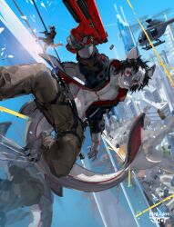  2025 absurd_res aircraft anthro artist_name assault_rifle black_clothing black_hair black_jacket black_topwear bottomwear brown_bottomwear brown_clothing brown_pants bullet city city_background cityscape claws clothed clothed_anthro clothing detailed_background digital_media_(artwork) digital_painting_(artwork) duo ellydasta fish fully_clothed fully_clothed_anthro grey_body gun hair handgun helicopter hi_res holding_gun holding_handgun holding_object holding_pistol holding_ranged_weapon holding_weapon jacket male male_anthro marine mouth_closed multicolored_body painting_(artwork) pants pistol ranged_weapon red_body red_eyes rifle shark shirtless sky solo_focus text toe_claws topwear vehicle weapon white_body white_clothing white_jacket white_topwear 