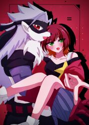  absurd_res anthro bandai_namco blush bridal_carry carrying_another cybernetics cyborg digimon digimon_(species) digimon_beatbreak duo female female/female gg_xxx green_eyes hair hi_res human machine mammal mask mechanical_arm red_eyes red_hair reina_sakuya wolvermon 