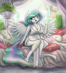  2016 alicorn anthro back_wings bed breasts cleavage clothed clothing equid equine feathered_wings feathers female fetlocks friendship_is_magic fur furniture hair hasbro hoof_hands hooves horn king-kakapo long_hair looking_at_viewer loose_feather mammal multicolored_hair my_little_pony mythological_creature mythological_equine mythology nightgown on_bed open_mouth open_smile plant plant_pot potted_plant princess_celestia_(mlp) purple_eyes quill rainbow_hair scroll sitting smile solo sparkles sparkling_hair sun_pendant telekinesis unguligrade white_body white_fur white_nightgown wings 
