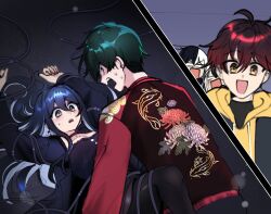  4boys :d ahoge arms_up black_choker black_dress blue_hair boy_on_top breasts caught choker commentary cross cross_choker double-parted_bangs dress english_commentary female green_hair hair_between_eyes highres jacket long_hair long_sleeves lying medium_breasts misunderstanding multiple_boys on_back open_mouth original print_jacket red_hair red_jacket ryuuxin sadie_(ryuuxin) smile sweat 