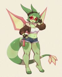  anthro asimos aviator_jacket big_tail biped bottomwear breasts clothed clothed_anthro clothed_female clothing cropped_jacket daisy_dukes denim denim_bottomwear denim_clothing denim_shorts digital_drawing_(artwork) digital_media_(artwork) eyewear female fingerless_gloves flygon front_view generation_3_pokemon glasses gloves green_body green_hair hair handwear hi_res hotpants looking_at_viewer midriff navel nintendo pokemon pokemon_(species) scalie shorts solo standing tail thick_tail wearing_glasses wings 