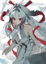  arched_back bare_shoulders breasts china_dress chinese_clothes collarbone cowboy_shot dress droopy_ears female grey_hairband hairband highres kwak0729 leaning_forward looking_at_viewer medium_breasts parted_lips red_eyes red_ribbon ribbon sleeveless sleeveless_dress solo unfinished white_background white_dress white_hair ye_shunguang zenless_zone_zero 