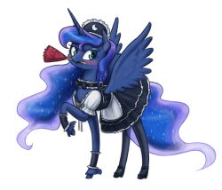  2016 alicorn blue_body blue_eyes blue_fur blue_hair blush bow_tie cleaning_tool clothed clothed_feral clothing dress equid equine feather_duster feathered_wings feathers female feral fetlocks footwear friendship_is_magic fur hair hasbro high_heels holding_object_in_mouth hooves horn king-kakapo legwear long_hair maid_headdress maid_uniform mammal my_little_pony mythological_creature mythological_equine mythology princess_luna_(mlp) shoes simple_background solo sparkles sparkling_hair stockings uniform white_background wings 
