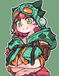  absurdres arm_armor arms_under_breasts blush breasts chatacabra_(armor) cleavage closed_mouth commentary_request detached_sleeves female green_background green_eyes green_helmet helmet highres jewelry kim_manyak looking_down medium_breasts monster_hunter_(character) monster_hunter_(series) monster_hunter_wilds navel necklace no_bra orange-tinted_eyewear orange_sleeves outline red_hair red_sash sash simple_background smile solo split_mouth tinted_eyewear underboob white_outline 