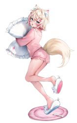  :d absurdres animal_ear_fluff animal_ears animal_slippers arm_up ass bandaid bandaid_hair_ornament blonde_hair blush breasts commentary dog_ears dog_girl dog_tail feet female frilled_shorts frills from_side full_body hair_intakes hair_ornament highres holding holding_pillow hololive hololive_english hugging_object leg_up long_sleeves looking_at_viewer maru_ccy mococo_abyssgard multicolored_hair nail_polish oerba_yun_fang open_mouth pajamas perroccino_(fuwamoco) pillow pink_eyes pink_pajamas pink_shorts pink_streaks short_hair shorts simple_background skin_fang slippers smile soles solo standing standing_on_one_leg streaked_hair symbol-only_commentary tail two_side_up white_background x_hair_ornament 