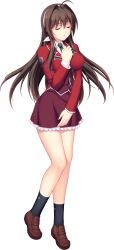  ahoge black_socks blazer breasts brown_hair closed_eyes female frilled_skirt frills full_body game_cg green_necktie hair_between_eyes hair_intakes hairband hand_on_own_chest highres jacket large_breasts large_variant_set loafers long_hair long_sleeves maishima_yuri miniskirt necktie nerawareta_megami_tenshi_angel_tear non-web_source official_art pleated_skirt red_jacket ribbon school_uniform shirt shoes skirt socks solo standing tachi-e transparent_background tsukumo_kazuita variant_set very_long_hair 