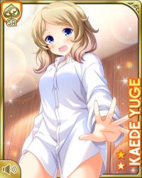  blonde_hair blue_eyes blush card_(medium) character_name female girlfriend_(kari) looking_at_viewer looking_down official_art qp:flapper shirt shirttail solo standing surprised thighs white_shirt yuge_kaede 