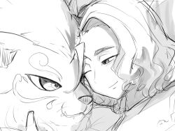  bandai_namco black_hair blush cheek_to_cheek cougarmon digimon digimon_(species) digimon_beatbreak duo facial_markings feral hair head_markings hi_res human kyo_sawashiro male male/male mammal markings mkz_kabeuchi one_eye_closed smile tusks wink 