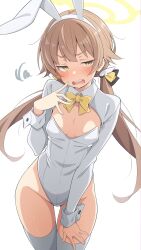  alternate_costume animal_ear_hairband animal_ears blue_archive blush bow bowtie breasts brown_hair collared_shrug disgust fake_animal_ears female hairband halo hand_on_own_thigh hifumi_(blue_archive) highleg highleg_leotard highres leotard long_hair long_sleeves low_twintails maowxa open_mouth playboy_bunny rabbit_ear_hairband rabbit_ears revealing_clothes shrug_(clothing) small_breasts strapless strapless_leotard teeth thighhighs thighs twintails upper_teeth_only white_background white_leotard white_shrug white_thighhighs yellow_bow yellow_bowtie yellow_eyes yellow_halo 