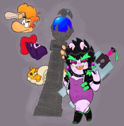  2023 4_fingers amethyst_(gem) anthro arm_tuft arms_bent artist_name belt big_nose black_boots black_clothing black_ear_ring black_eyebrows black_eyes black_footwear black_jacket black_topwear black_wristband blonde_hair blue_eyes boots breasts cleavage closed_frown clothed clothed_anthro clothed_female clothed_humanoid clothed_male clothing conjoined_eyes crossover devil_horns_(gesture) digital_drawing_(artwork) digital_media_(artwork) dress duo ear_piercing ear_ring edge_(mario_plus_rabbids) elbow_tuft english_description eyebrows facial_scar female female_anthro fingers floating_hands floating_head floating_torso footwear frown fur gem gesture green_belt green_eyebrows green_hair grey_background hair half-closed_eyes hand_gesture handwear hi_res hoodie humanoid jacket lagomorph leg_scar light lighting long_ears looking_at_viewer male mammal mario_bros mario_plus_rabbids_sparks_of_hope melee_weapon mouth_closed multicolored_hair narrowed_eyes nintendo noseless open_belt open_clothing open_jacket open_topwear orange_mouth piercing pillar pose purple_body purple_clothing purple_dress purple_ear_piercing purple_eyelids purple_fur purple_hoodie purple_topwear rabbid raving_rabbids rayman rayman_(series) raypeople_(rayman) ring_piercing scar shaded sharp_teeth shielding_eyes shoes short_hair simple_background smile smiling_at_viewer spiky_hair sword sword_on_back tan_body tan_clothing tan_gloves tan_handwear tan_inner_ear tan_skin teeth text thick_eyebrows thick_thighs thigh_scar topwear tuft two_tone_hair ubisoft vampkettleartz weapon x_scar yellow_sclera 