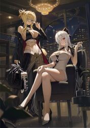  2girls adjusting_eyewear bag bare_shoulders belly_chain bikini black_bikini black_bow black_choker black_jacket black_pants black_shoes blonde_hair blue_eyes blush bow breasts chair chandelier character_charm charm_(object) choker cinderella_(beautiful_me)_(nikke) cinderella_(nikke) cityscape cleavage closed_mouth commentary corrupted_twitter_file cross cross_choker crossed_legs dongtan_dress dress eyewear_hang full_body glasses glint goddess_of_victory:_nikke grave_(beautiful_you)_(nikke) grave_(nikke) grey_dress hair_between_eyes hair_intakes hair_over_one_eye hairbow heart heart_necklace high_heels highleg highleg_bikini highres holding holding_bag indoors jacket jacket_on_shoulders jewelry kira_(kira78718520) large_breasts long_hair long_sleeves looking_at_viewer multiple_girls multiple_scars navel necklace necklace_between_breasts night off_shoulder official_alternate_costume on_chair pants pinstripe_jacket pinstripe_pants pinstripe_pattern pinstripe_suit ponytail red_eyes scar scar_on_stomach shadow shoes short_ponytail sidelocks sitting smile standing suit sunglasses swimsuit unworn_eyewear very_long_hair white_hair window 