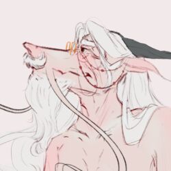  anthro beard blush dragon elderly elderly_male eyewear facial_hair glasses hair horn humanoid male moustache mythological_creature mythological_scalie mythology nude scalie shiraga shiraga_(artist) solo standing white_hair wrinkles 
