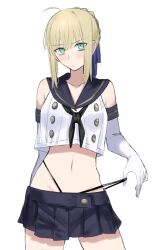  :| ahoge alternate_costume artoria_pendragon_(fate) black_neckerchief blonde_hair blue_eyes blue_ribbon blush closed_mouth collarbone commentary_request commission cosplay egomeshi elbow_gloves fate_(series) female gloves hair_ribbon hair_up highleg highleg_panties highres kantai_collection legs_apart midriff miniskirt navel neckerchief panties pleated_skirt ribbon saber_(fate) sailor_collar shimakaze_(kancolle) shimakaze_(kancolle)_(cosplay) simple_background skeb_commission skirt solo underwear white_background white_gloves 
