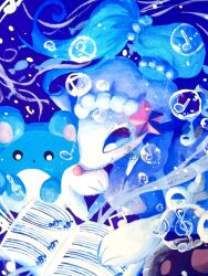  2025 ambiguous_gender anthro asterozoan blue_body blue_eyes blue_hair bubble duo echinoderm eyelashes gem generation_2_pokemon generation_7_pokemon hair hi_res marill marine musical_note musical_symbol nintendo pearl_(gem) pokemon pokemon_(species) primarina shimizuremi1122 signature starfish starfish_(accessory) symbol underwater water white_body 