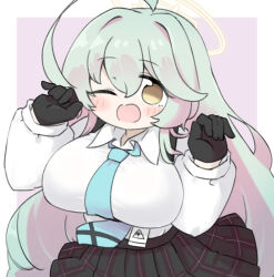  ahoge black_gloves black_skirt blue_archive blue_necktie blush_stickers border breasts brown_eyes brown_hair collared_shirt female gloves green_hair hair_intakes halo hands_up large_breasts long_hair long_sleeves looking_at_viewer miranofuudoria multicolored_hair necktie one_eye_closed open_mouth plaid_clothes plaid_skirt pleated_skirt puffy_long_sleeves puffy_sleeves purple_background shirt skirt solo two-tone_hair very_long_hair white_border white_shirt yume_(blue_archive) 