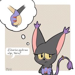  accessory avoiding_eye_contact bandai_namco black_body black_fur blackgatomon blush claws clothing dialogue digimon digimon_(species) eyelashes fantasizing fantasy felid feline female fur gloves hand_holding handwear hi_res jewelry mammal mr_harinezumi nera_(el_senor_erizo) ring shy solo spanish_text tail text thought_bubble 