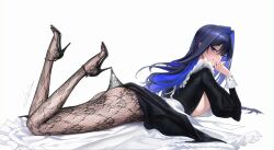  absurdres apron black_dress black_hair black_sandals blue_eyes blue_hair breasts colored_inner_hair commentary dress embroidery feet_up female floral_print_pantyhose hair_between_eyes high_heel_sandals highres hololive hololive_english juliet_sleeves lace lace_pantyhose lace_pantyhose_hooked_on_heel_(meme) long_dress long_hair long_sleeves looking_at_viewer lying maid maid_apron meme multicolored_hair official_alternate_costume on_stomach ouro_kronii ouro_kronii_(maid) pantyhose puffy_sleeves sandals sideboob signature simple_background single_hair_intake sleeve_cuffs smile solo strappy_heels the_pose turning_head vilkichan virtual_youtuber white_background 