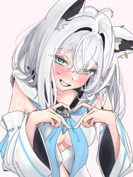  ahoge animal_ear_fluff animal_ear_piercing animal_ears blush breasts cleavage commentary_request detached_sleeves female fox_ears fox_girl green_eyes hair_between_eyes heart heart_hands highres hololive long_hair looking_at_viewer medium_breasts shiki_olie shirakami_fubuki simple_background smile solo sweat upper_body virtual_youtuber white_hair 
