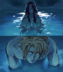  1boy absurdres aerith_gainsborough aqua_eyes blonde_hair breasts brown_hair chainsaw_man character_name cloud_strife derivative_work female final_fantasy final_fantasy_vii hair_between_eyes highres i&#039;ll_teach_you_everything_(chainsaw_man) long_hair looking_at_viewer medium_breasts nude outstretched_arms parted_bangs parted_lips partially_submerged pool robboyu short_hair sidelocks smile spiked_hair straight upper_body wavy_hair wet 