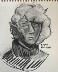  2024 absurd_res ambiguous_gender bust_portrait capegloam charcoal_(artwork) clothed clothing dungeons_and_dragons ear_piercing eyebrows gensai greyscale hair hasbro hi_res humanoid humanoid_pointy_ears lips monochrome piercing pointy_ears portrait shaded short_hair solo sweater topwear traditional_media_(artwork) turtleneck wavy_hair wizards_of_the_coast 