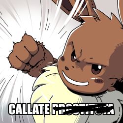  1:1 4_fingers anthro blush blush_lines brown_body brown_fur brown_nose cheek_tuft colored dialogue dragon_ball dragon_ball_z ear_tuft eevee facial_tuft fingers fist fur generation_1_pokemon hair hi_res jisito long_ears looking_at_viewer male meme motion_lines muscular neck_tuft nintendo pokemon pokemon_(species) punch shaded shitpost short_hair simple_background smile solo spanish_text talking_to_viewer tan_body tan_fur text tuft white_background 