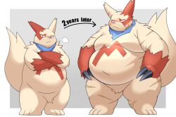  0907_kapi 2025 anthro belly big_belly biped blush bodily_fluids generation_3_pokemon hi_res kemono male moobs nintendo overweight overweight_male pink_nose pokemon pokemon_(species) red_body solo standing sweat white_body zangoose 